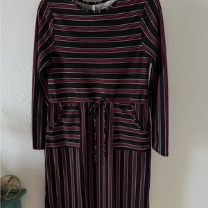 Long Sleeve Drawstring Waist Dress in Bold Black and Maroon Stripes